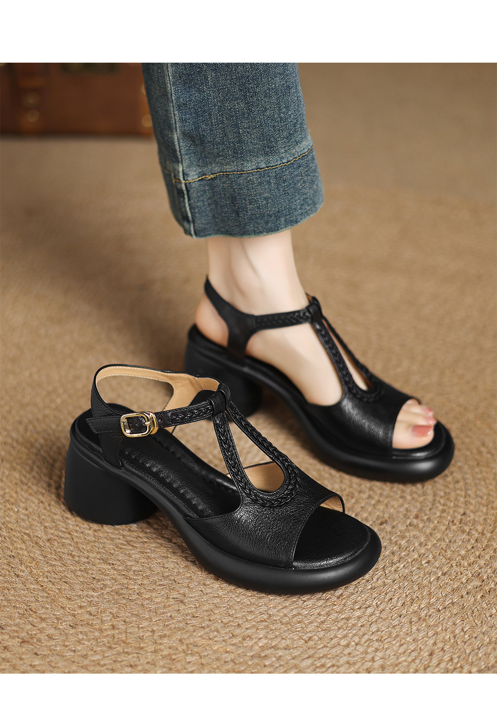 Sandal La Mã cao gót mùa hè size lớn 34-41, đế xuồng gót dày, mũi hở, chất liệu dệt — đen chi tiết 1