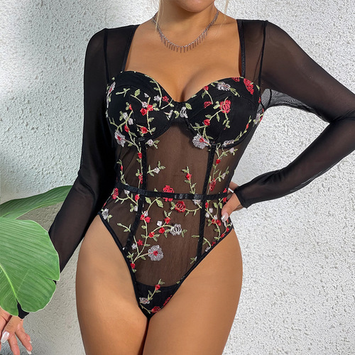 Autumn new retro mesh flower embroidery versatile steel ring waist see-through long-sleeved sexy jumpsuit 1225