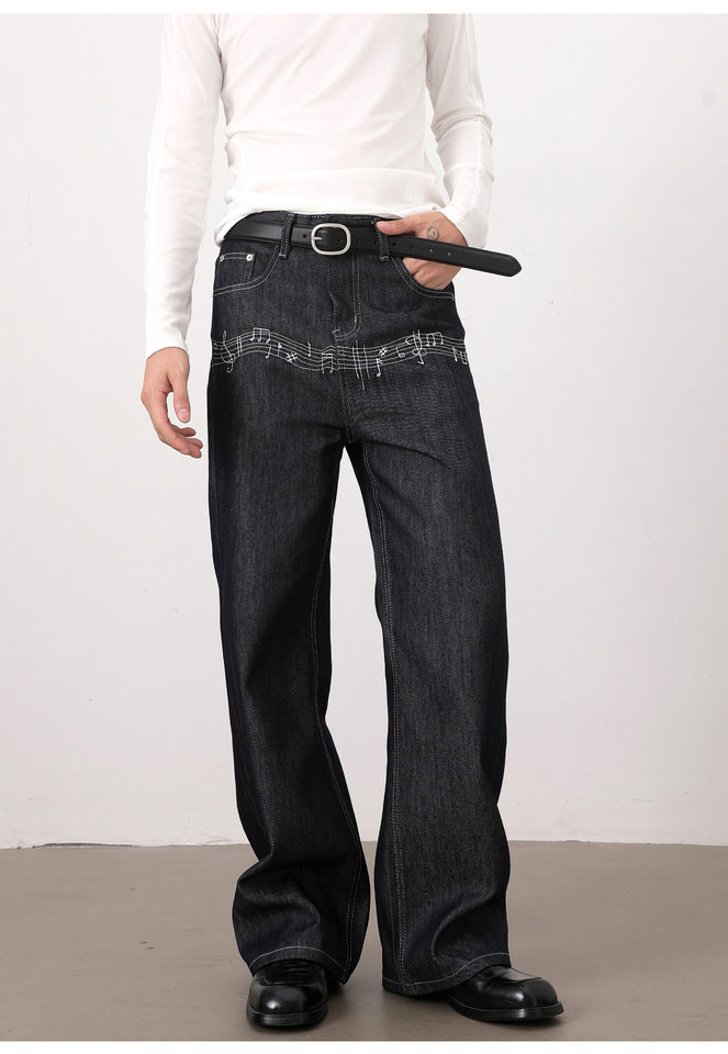 Quần jeans nam màu nguyên bản thêu họa tiết nốt nhạc phong cách retro, dáng cleanfit ống rộng suông chữ A — Xanh nguyên bản chi tiết 15