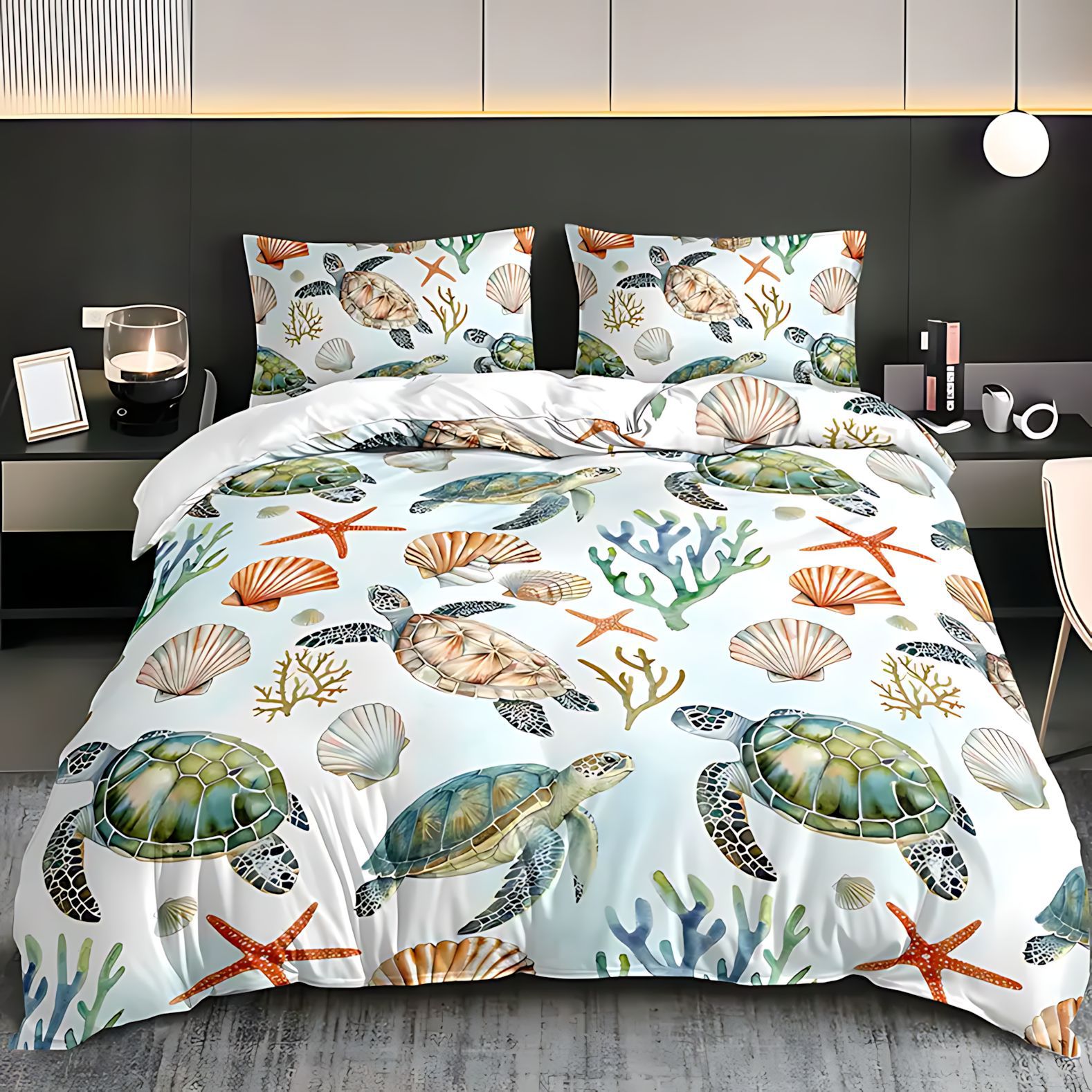 TEMU / JIT caricatura encantadora tortuga de mar abrasión colcha de cama kit de almohada para comercio exterior