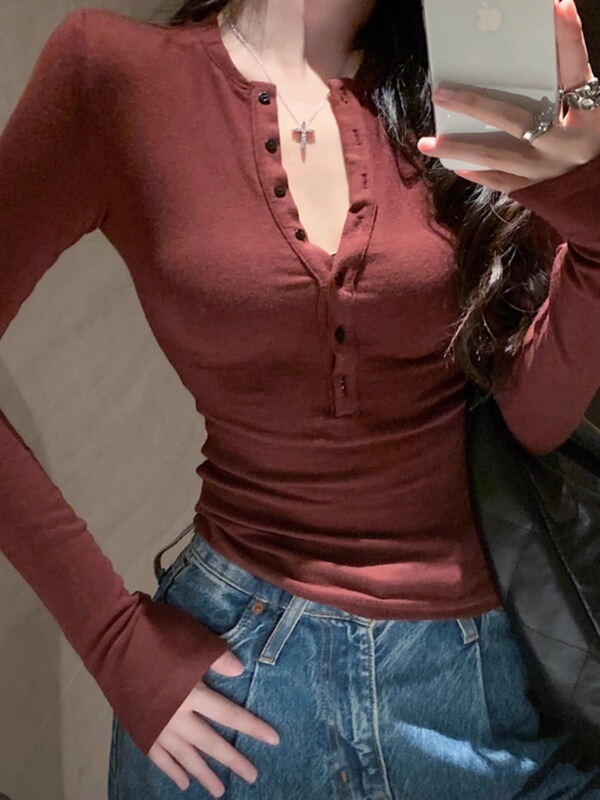 辣妹半开领纽扣设计长袖T恤女春季修身内搭上衣高级感洋气打底衫|undefined