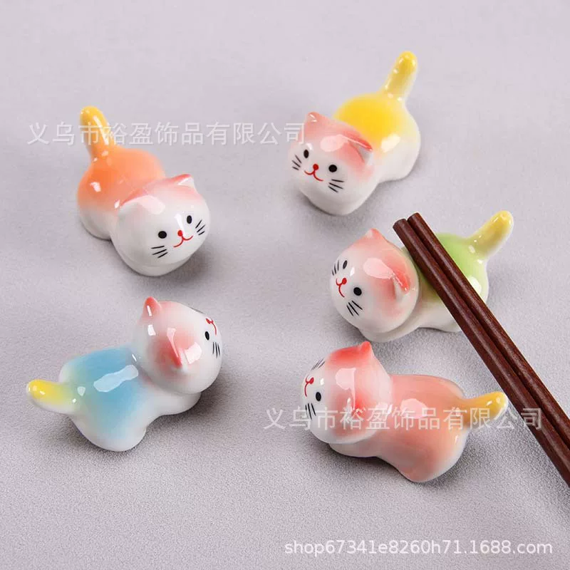 Chopstick rest, cat ceramic multicolor, cute tableware accessory for luck