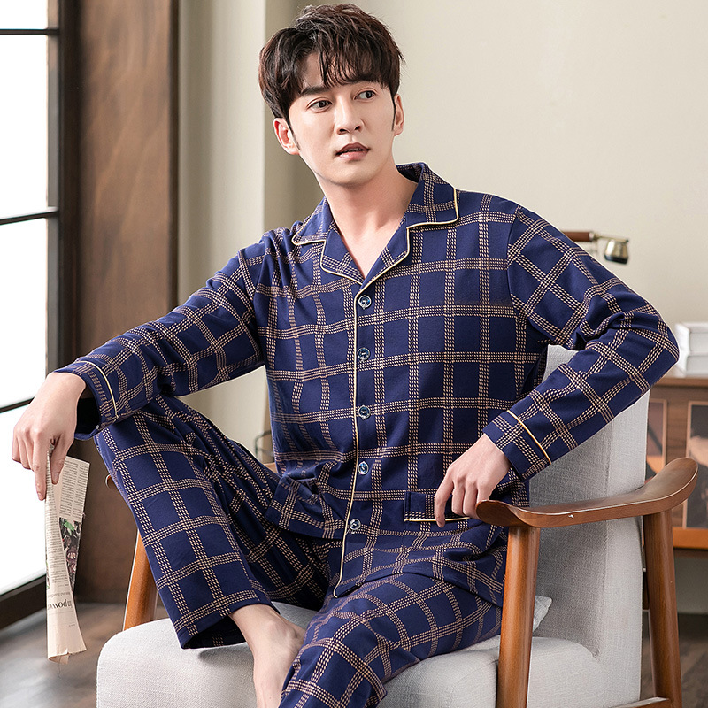 Pijamas de algodón de manga larga de los hombres primavera y otoño Four Seasons algodón delgado más tamaño ropa de abrigo ropa para el hogar