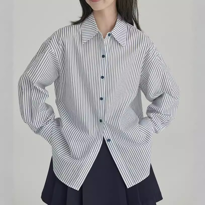 HAVERICE饭馆 盐系学姐 清新文艺宽松显瘦莱赛尔棉色织条纹衬衫