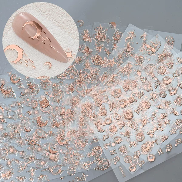 Xiyin Cross-Border Four-Pointed Star Nail Stickers Rose Gold and Silver Adhesive Self-Adhesive Star and Crescent 12-Piece Nail Stickers