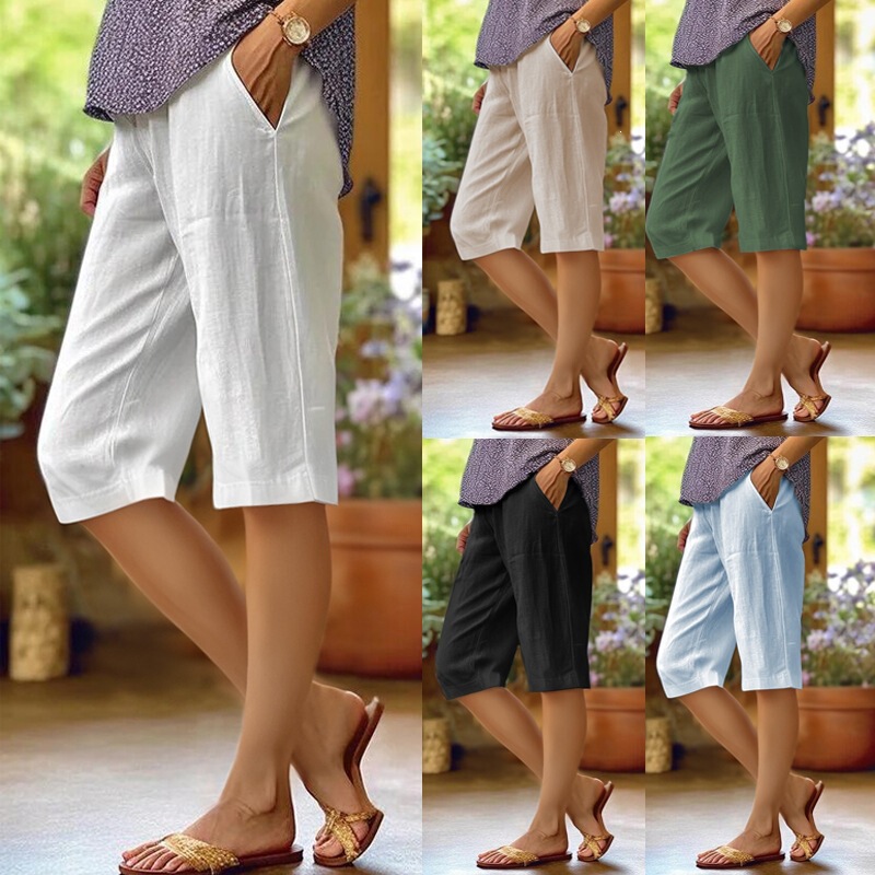 European and American Amazon Ebay Independent Site Cross-Border New Casual Loose Pocket Cotton-Linen Elastic Casual Shorts for Women