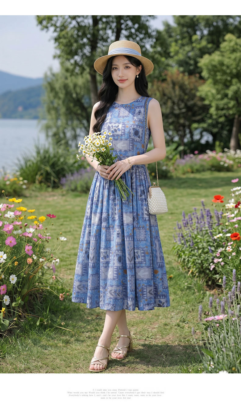 Đầm maxi nữ họa tiết hoa nhí không tay cổ tròn dáng suông thắt eo — Màu ảnh chi tiết 12