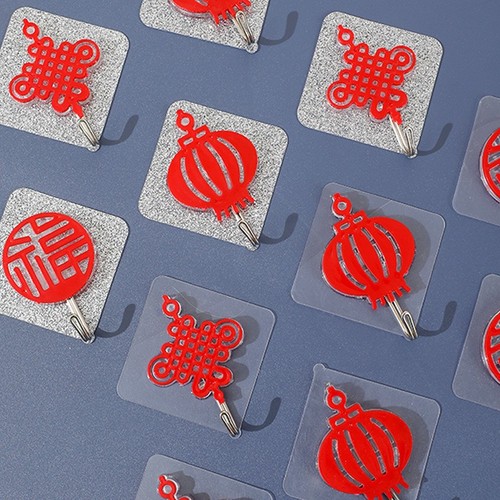Red Fortune Hook with Strong Adhesive, No-Hole Heavy-Duty Hanger, Festive Hook with Enlarged Chinese Character