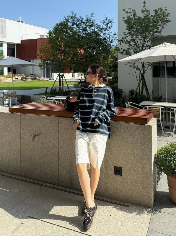 瀚柯  AT 复古通勤 经典彩色条纹polo衫宽松纯棉长袖T恤|undefined