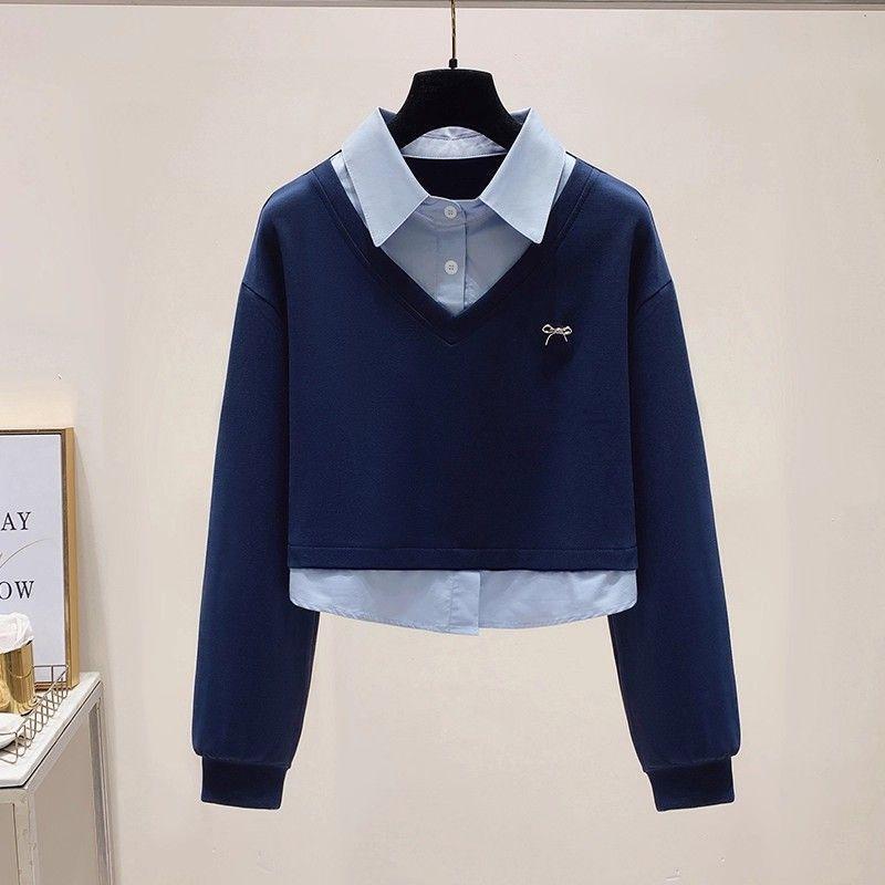 初高中学生假两件卫衣女春秋2025新款学院风少女POLO领套头上衣服|undefined