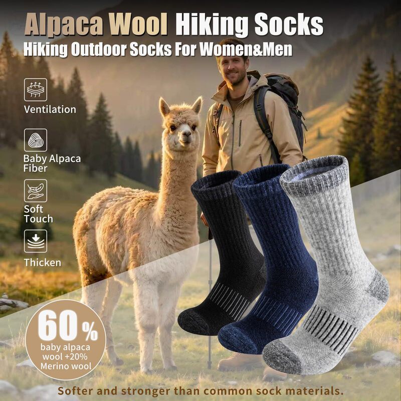 Alpaca wool men's and women's mid-calf hiking and running socks, thickened with arch support, warm, breathable, sweat-absorbent, and non-restrictive