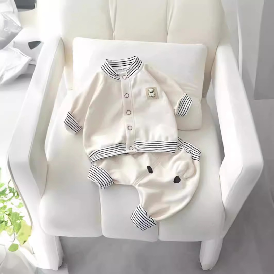 Spring and Autumn Boys and Girls Baby Single Layer Suit Cartoon Striped High Waist Butt Pants Children's Coat Pants Korean Style Suit