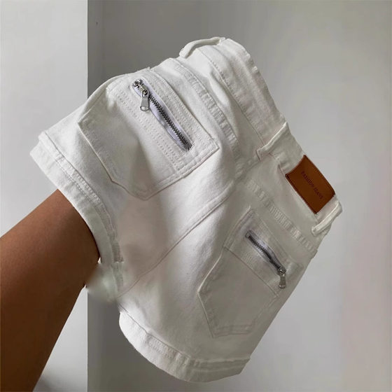 plus size Design White Denim Shorts Women's Summer New chubby girl American Retro High Waist Slimming Super Short Hot Pants