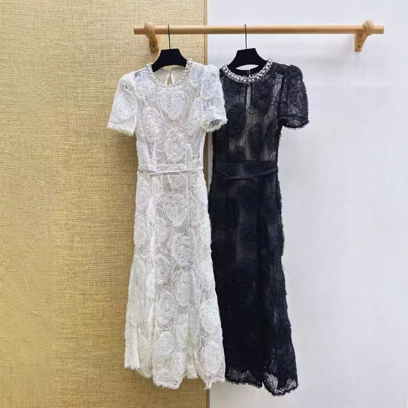 26 Early Spring New Elegant Round Neck Beaded Lace Belted Slim Fit Fishtail Long Dress Women's Short-Sleeved Holiday Dress