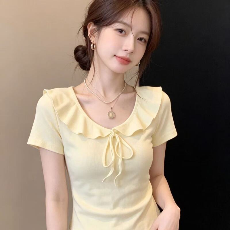 Creamy yellow short-sleeve t-shirt for women, summer 2026 new style, super popular, age-reducing, beautiful, Korean style, slimming, versatile top for women Creamy yellow short-sleeve t-shirt for women, summer 2026 new style, super popular, age-reducing, beautiful, Korean style, slimming, versatile top for women