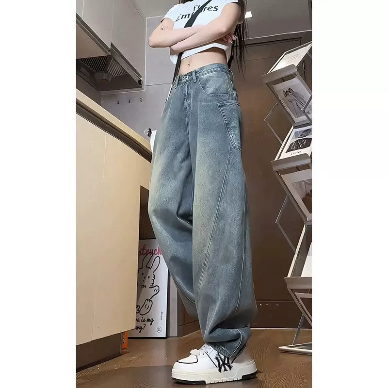 【店铺热销】复古蓝弯刀牛仔裤男款秋季拼接设计感裤子美式高街vi