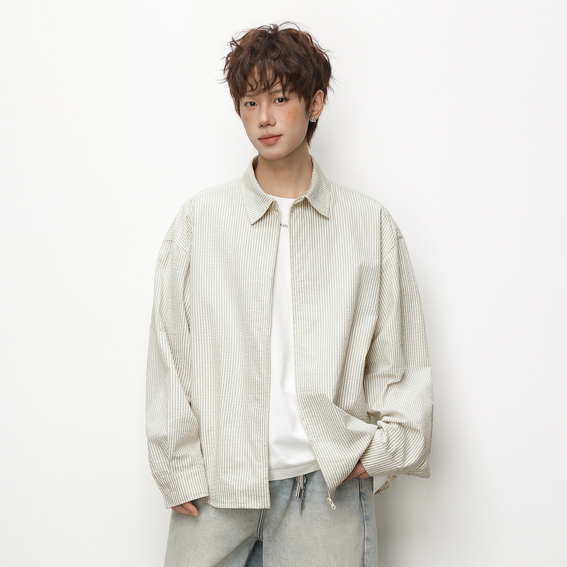 Japanese-Style Loose-Fitting Zippered Striped Long-Sleeve Shirt, Spring Casual Versatile Short Wide Silhouette Jacket Shirt Coat