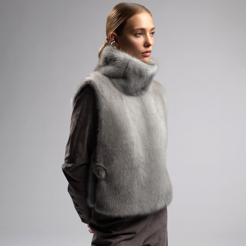 Y25Tp409 European and American Style Women's Autumn and Winter Amazon New High-Neck Warm Furry Sleeveless Buttoned Waistcoat Top