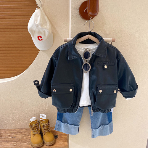 Leather jackets for boys and girls, autumn clothes for children,  new fashionable baby Korean style children's handsome and trendy