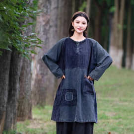 2025春季新款立领拼接老布印花袍子复古宽松炒色做旧款连衣裙女