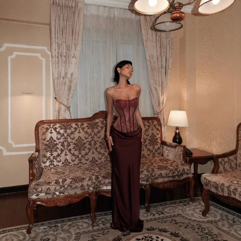 Burgundy Strapless Sequined Lace Dress Evening Gown Satin Mermaid Long Dress Sexy and Elegant Women's Fitted New Dress