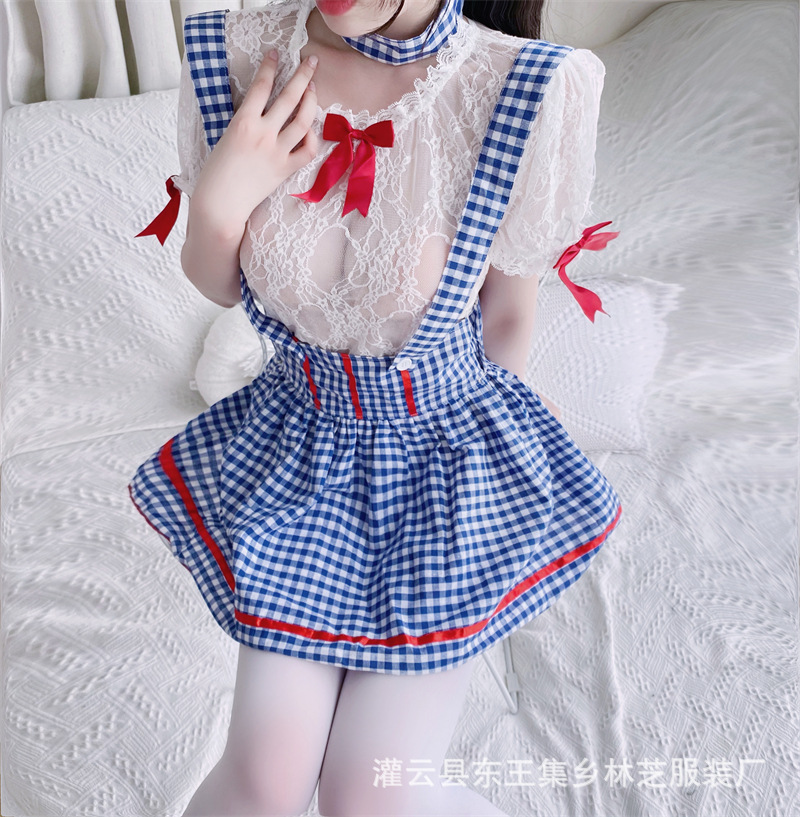 Two-dimensional sexy lingerie maid maid outfit blue plaid Sexy Lolita Anime sexy Japanese soft girl clothing
