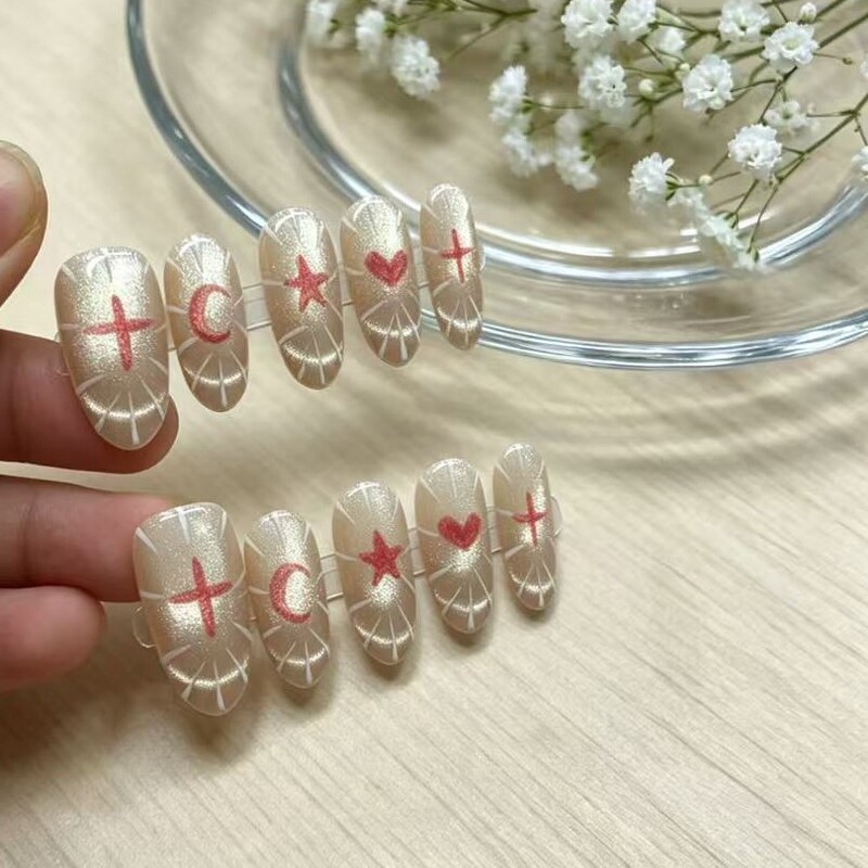 Purely Handmade Wearable Nails with Hand-Painted Elegant Gold Lines and Cross-Shaped Designs, Personalized Nail Pieces Purely Handmade Wearable Nails with Hand-Painted Elegant Gold Lines and Cross-Shaped Designs, Personalized Nail Pieces