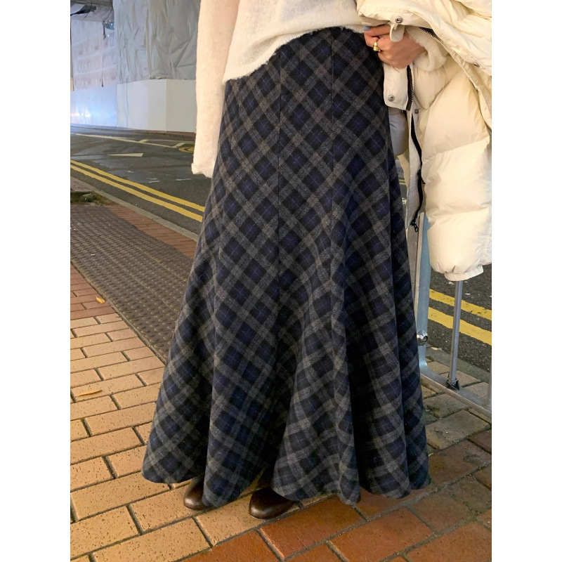 网图 斜纹蓝灰格纹磨毛半身裙女2025新款秋冬加厚中长款A字裙|undefined