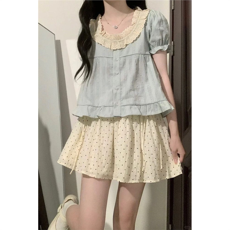 Mint Mambo French-Style Sweet Lace Blouse with Doll Collar, Summer Puff Sleeves, Unique Short-Sleeve Top Mint Mambo French-Style Sweet Lace Blouse with Doll Collar, Summer Puff Sleeves, Unique Short-Sleeve Top