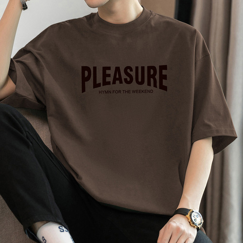 Men's Loose Fit Round Neck Cotton T-Shirt with Letter Print - 200g Heavyweight Summer Half Sleeve American Style