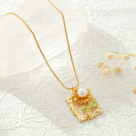 夏日必备油画风金框向日葵项链复古优雅淡水珍珠花朵颈链新款项饰