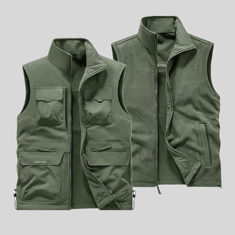 Autumn and Winter Reversible Velvet Vest Men's Customized Outdoor Multi-Pocket Polar Fleece Workwear Thermal Vest Manufacturer