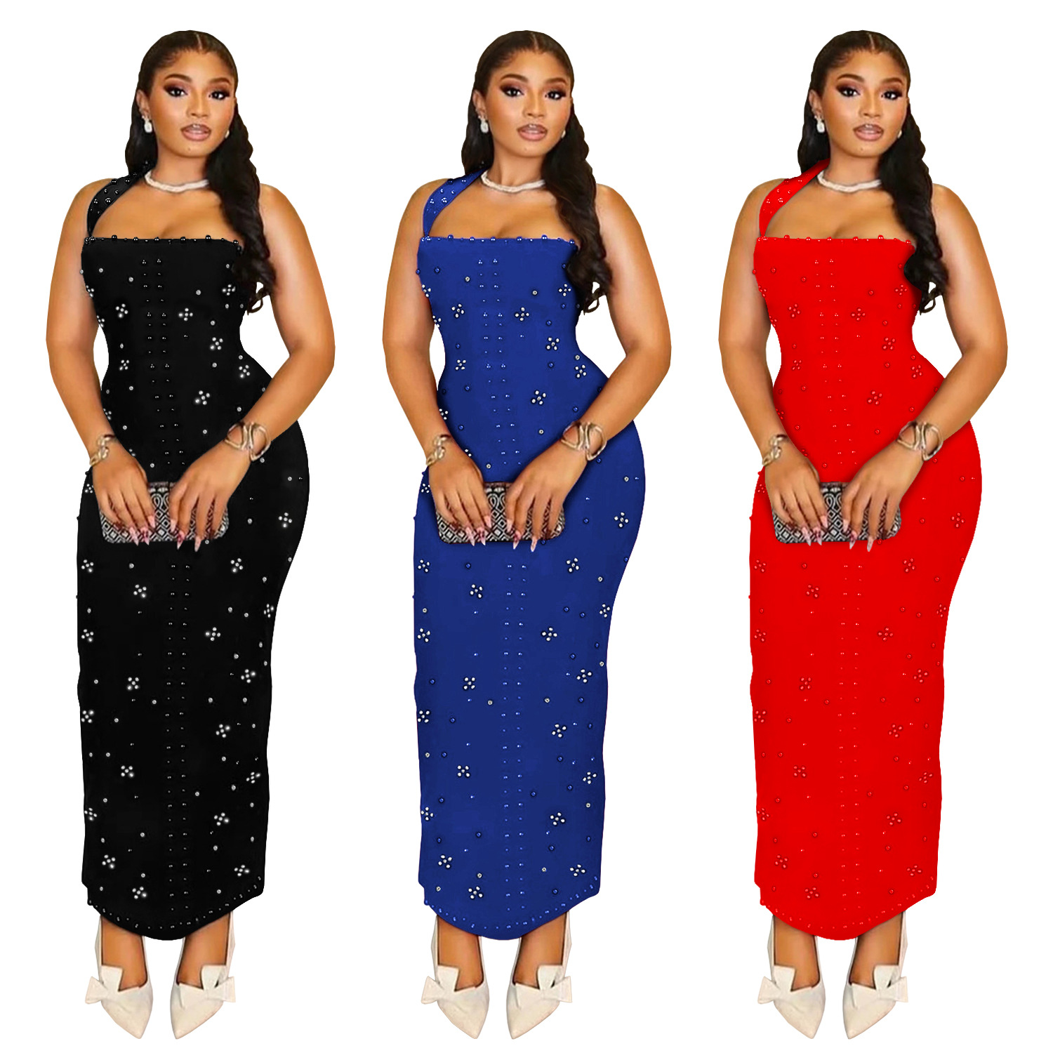 C7480 Aliexpress transfronterizo amazon ropa de moda europea y americana de mujer colgante de perlas de diamante delgado vestido de cadera image 6