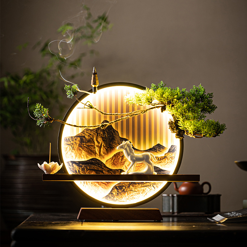 New Chinese-Style Ceramic Horse Tea Room Tea Table Decoration Sofa Background Wall Decorative Painting Entrance Welcoming Pine Lamp Round