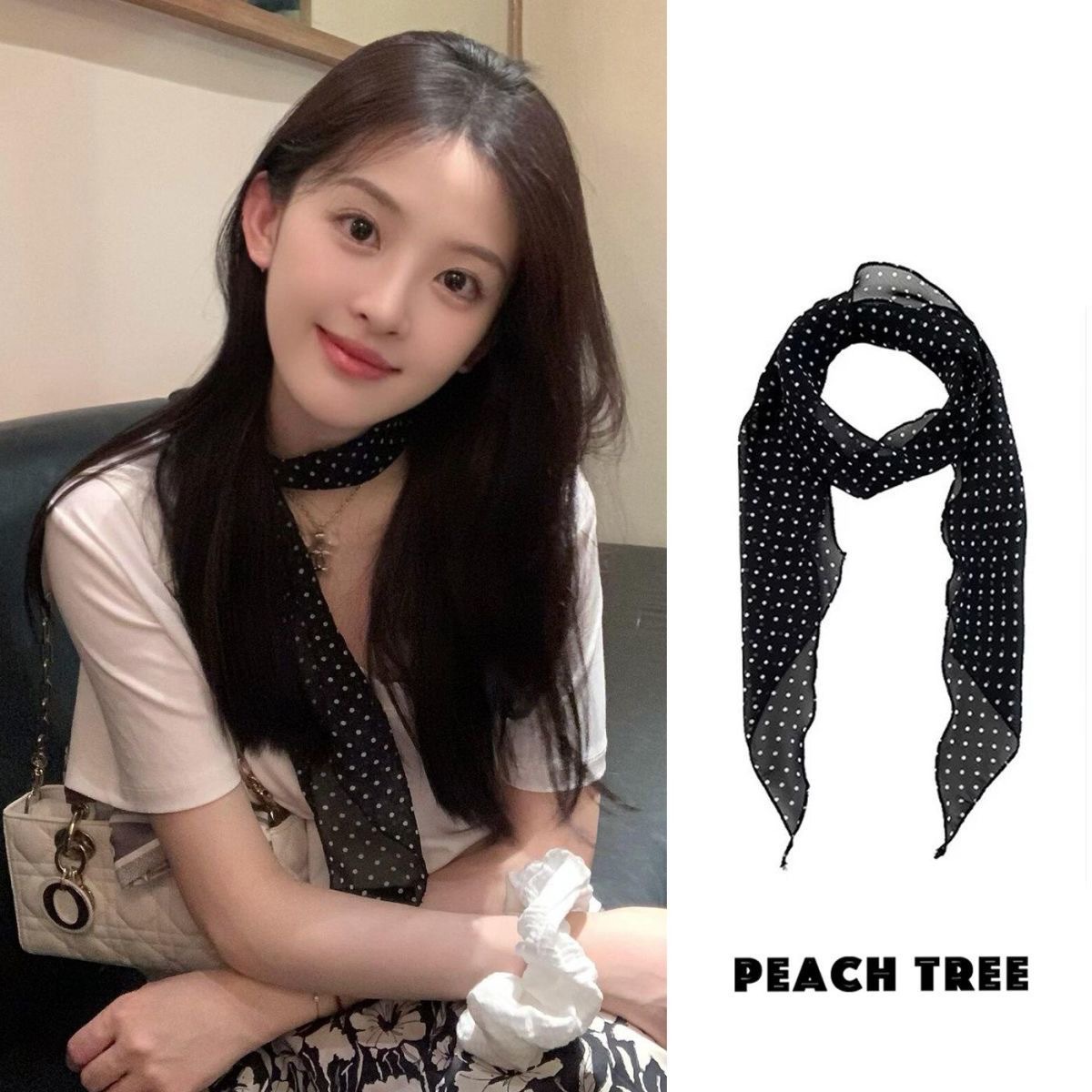 12# literary retro black and white polka dot silk scarf about 120cm