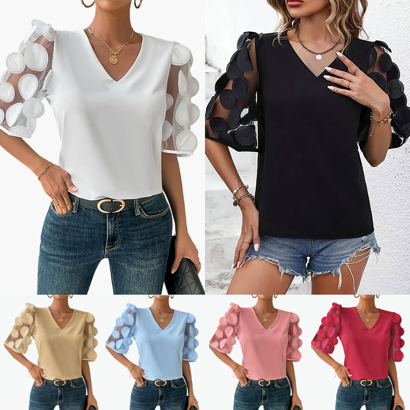 Amazon European and American Style Summer V-Neck Puff Sleeve Top with Three-Dimensional Hollow Polka Dot Sleeves and Sheer Women's Blouse Factory Amazon European and American Style Summer V-Neck Puff Sleeve Top with Three-Dimensional Hollow Polka Dot Sleeves and Sheer Women's Blouse Factory