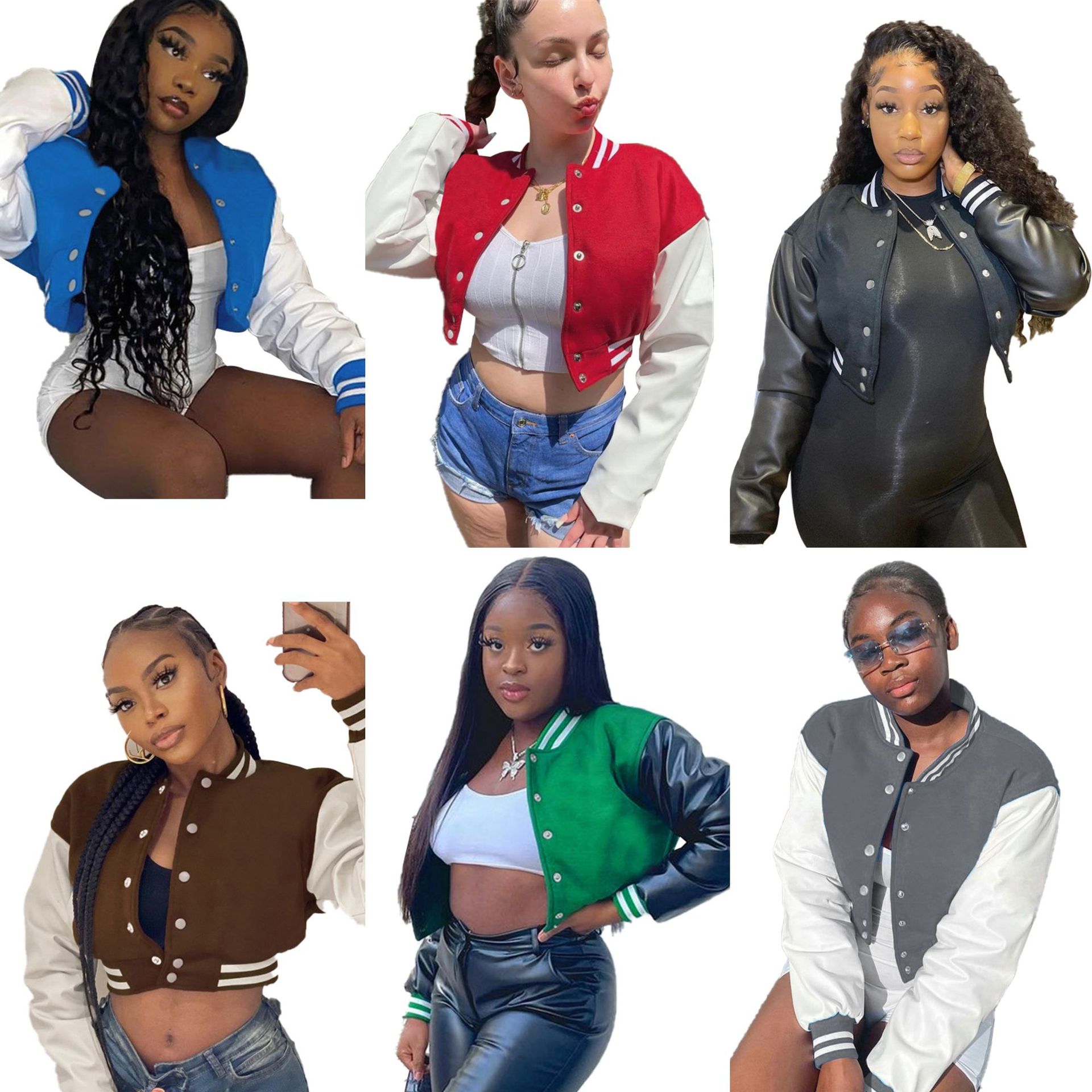 【W8259】European and American Women's Long-Sleeved Pure Color Button Jacket Baseball Uniform Women's Stitching Contrasting Sports Style