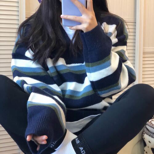 Striped sweater for women, autumn loose outer wear, retro pullover, lazy top, autumn dress, Korean loose knitted outer