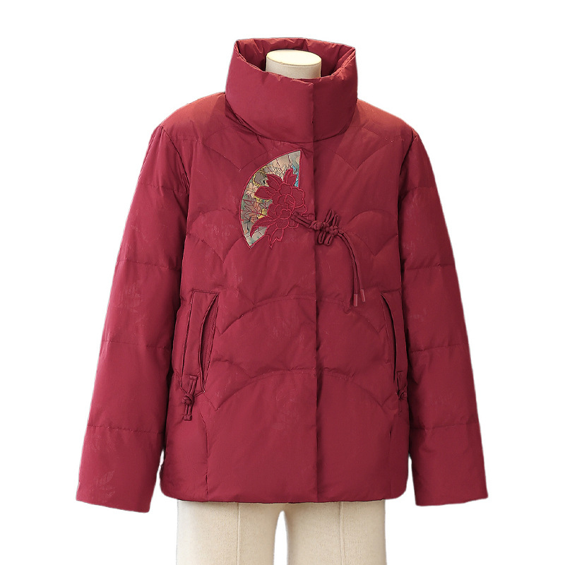 Middle-Aged and Elderly Women's New Velvet Thickeneded Warm Cotton Jacket Winter Mother's Wear Stand-Up Collar Cardigan Embroidered Long-Sleeved Cotton Coat