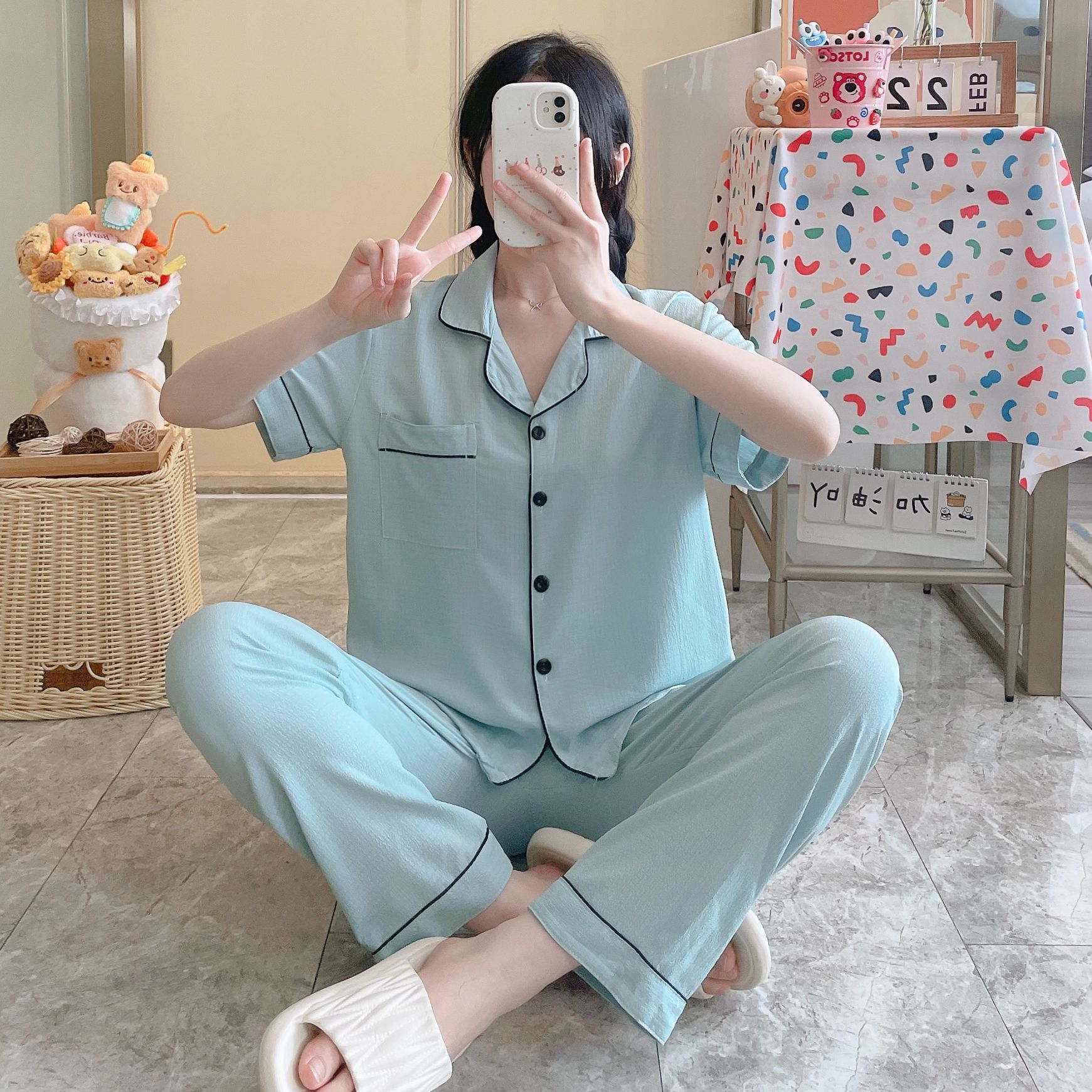 Comercio exterior transfronterizo al por mayor pantalones de manga corta pijamas mujeres verano espuma fina color sólido cardigan solapa traje de servicio a domicilio