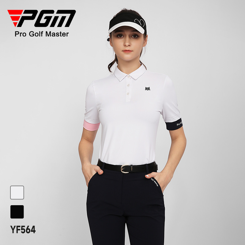 Áo thun nữ golf PGM tay ngắn phối màu thoáng khí — YF564-Áo màu trắng, YF564-Áo màu đen, KUZ149-Quần màu xanh nước biển, KUZ149-Quần Trắng