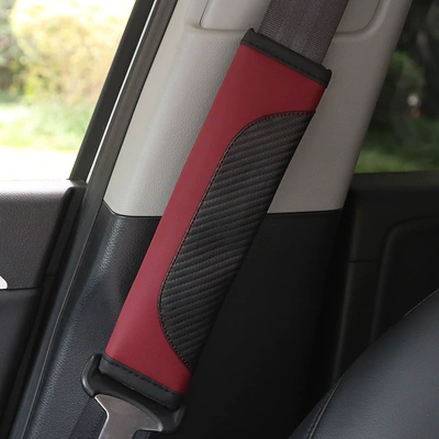 Seat Belt Shoulder Cover, Seat belt shoulder pad - carbon-fiber-pattern-black-wine-red-contrasting-color-one