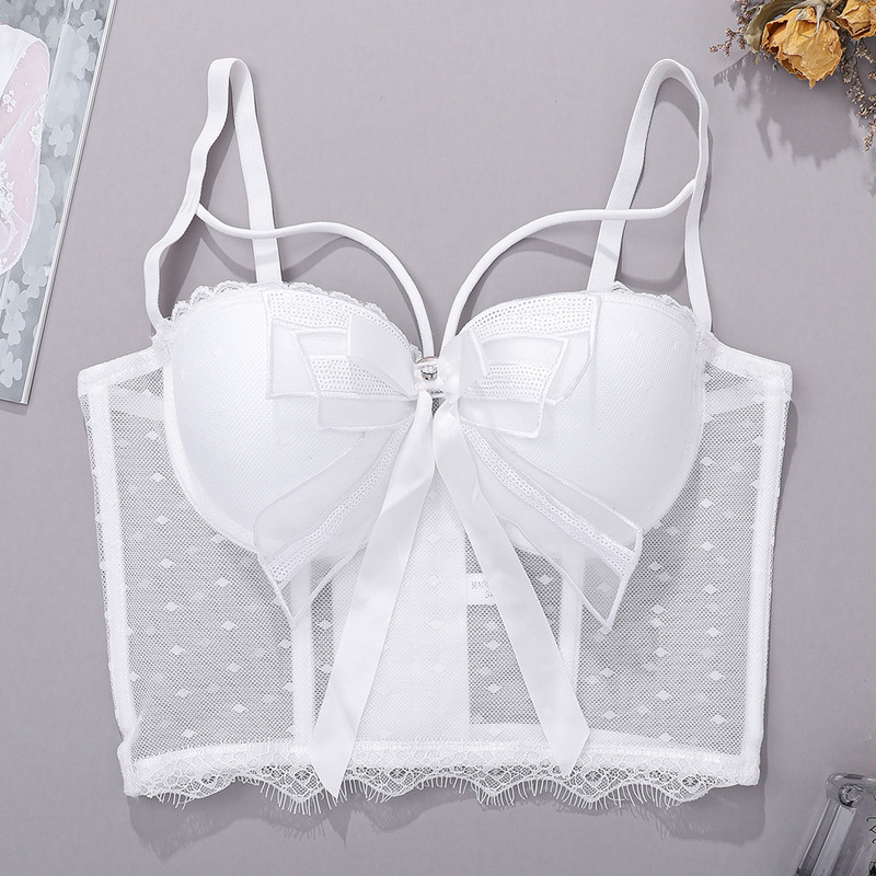 2021 New Arrival Sequin Bow Bra Thin Perspective Suit Lifting Strap Lace Mesh Top for Women