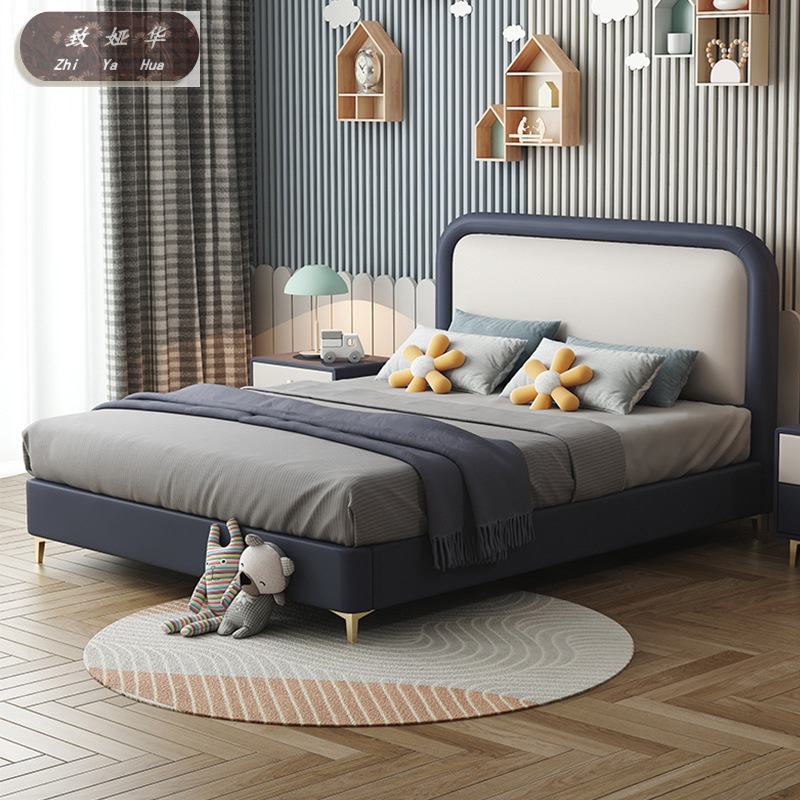 Solid Wood Single Bed 1.62m Light Luxury Storage Leather Bed Blue White Children's Bed Boy Soft Bed Simple Modern