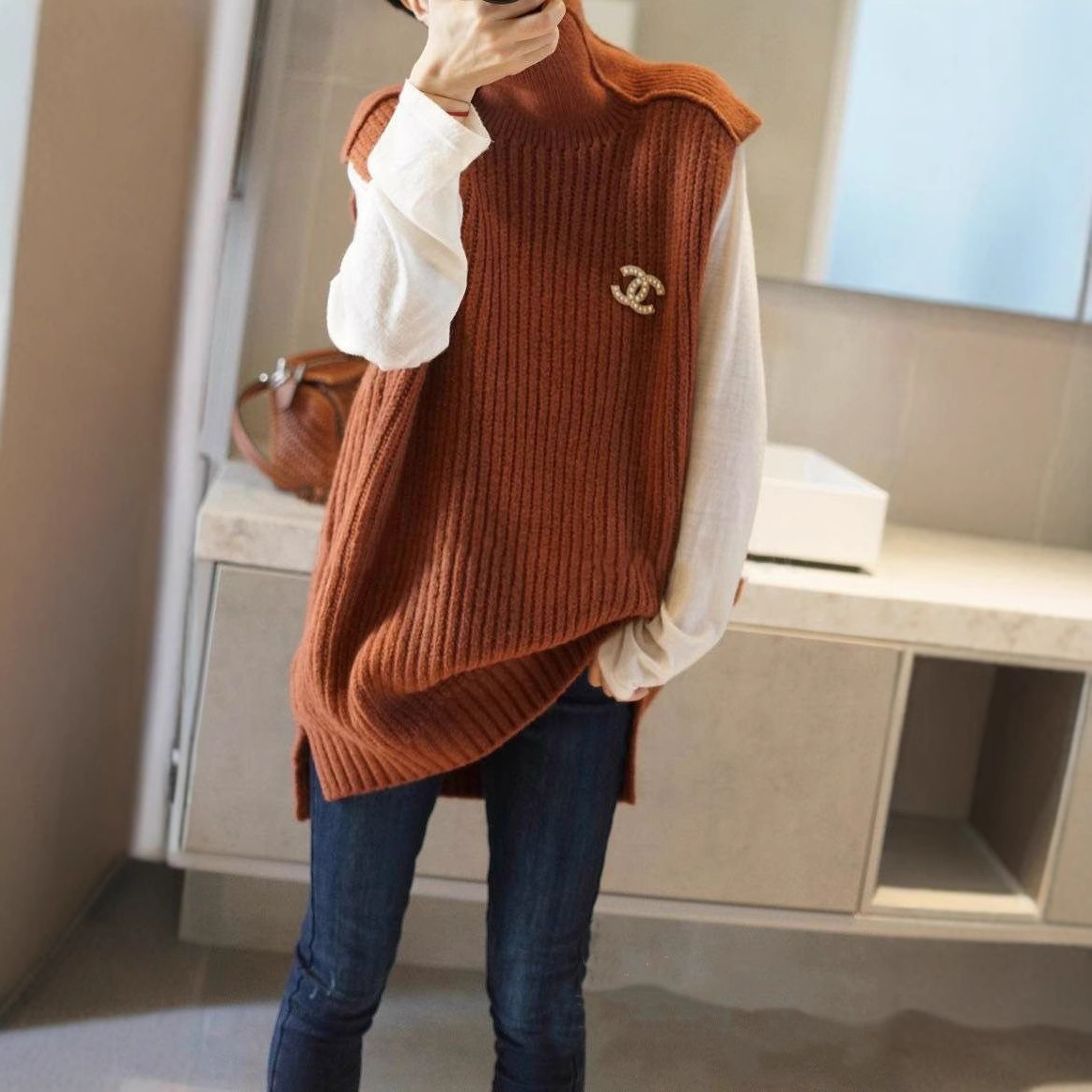 Nuevo estilo coreano de lana suelta Jersey de punto de cuello alto chaleco de lana sin mangas de las mujeres suéter de longitud media chaleco image 1