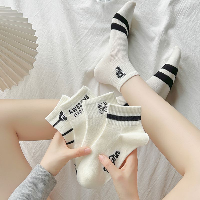 5 pares de calcetines para el cabello, transpirables y absorbentes de sudor para mujer, calcetines delgados con letras de dibujos animados, calcetines con lazo, malla de verano