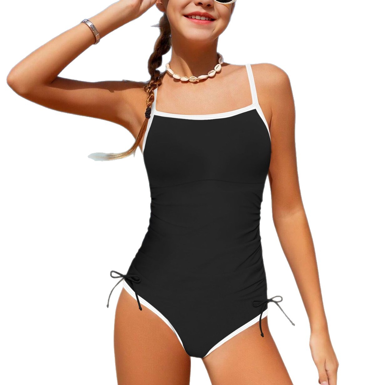 Amazon's Best-Selling Girls' One-Piece Swimsuit in Solid Color with Contrasting Drawstrings, Cross-Border Children's Swimwear