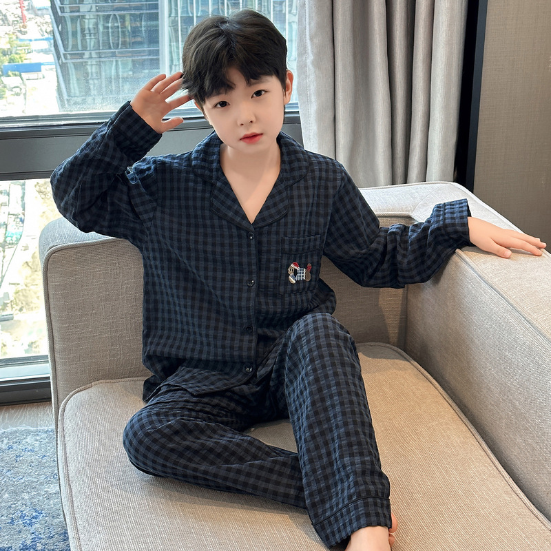 儿童睡衣套装2025新款男童深蓝色格子家居服长袖两件套可外穿睡衣|undefined