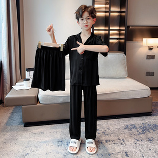 Children's Wear Pajamas Wholesale Boys' Fashionable Summer Home Clothes Big Children's Western Style Jacquard Striped Ice Silk Three-Piece Suit