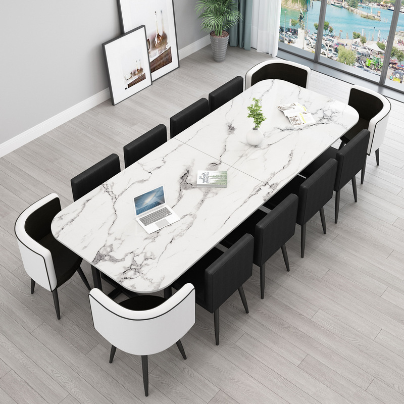 300*120 imitación piedra patrón de mesa costura negro, negro y cuero blanco 1 mesa 12 sillas